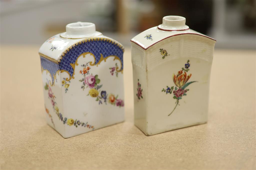 A late 18th/early 19th century Meissen tea canister painted with flowers under a blue scale border faint blue crossed swords in blue